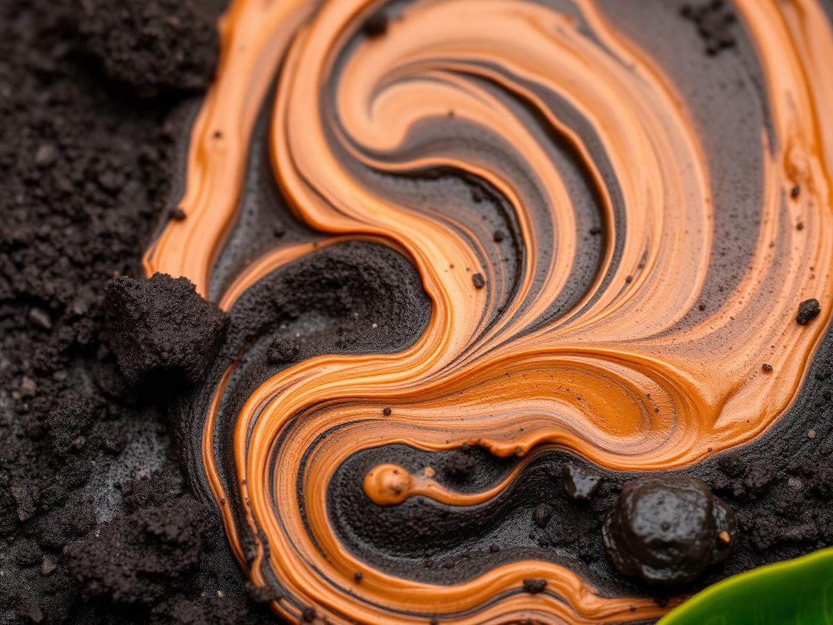 Close-up of mineral-rich volcanic mud swirled with cream clay